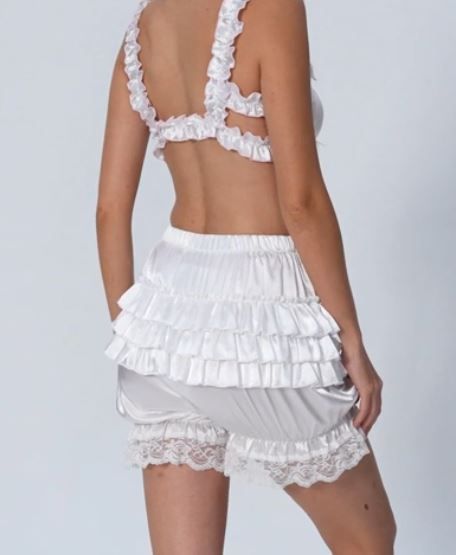 Silky satin bloomers luxury WHITE shorts pants ruffled with touch of lace sissy size S / UK 8