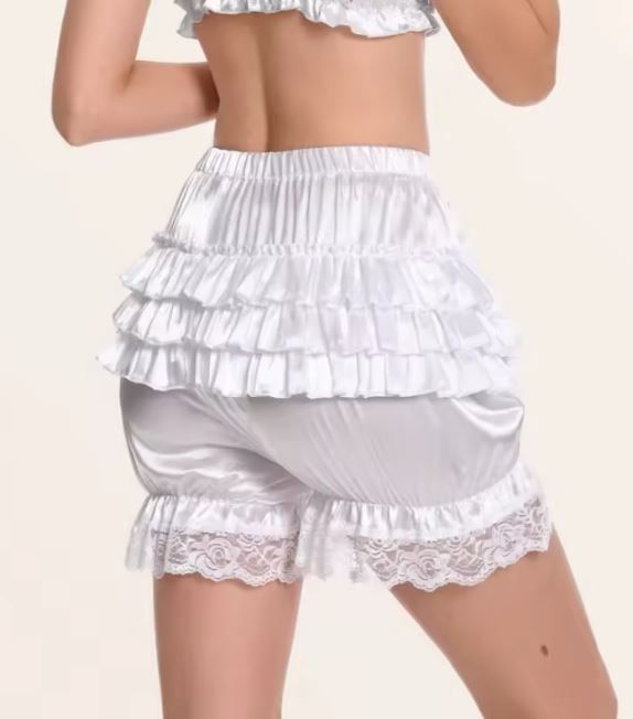 Silky satin bloomers luxury white shorts pants ruffled with touch of lace sissy size M / UK 10