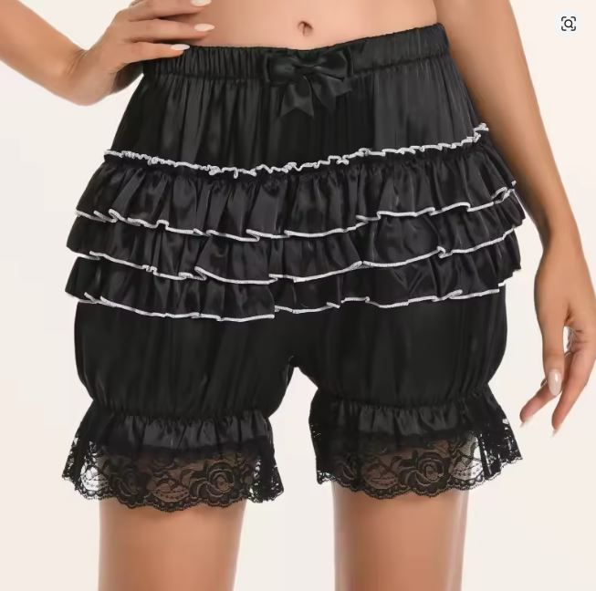 Silky satin bloomers luxury black shorts pants ruffled with touch of lace sissy size L / UK 12-14