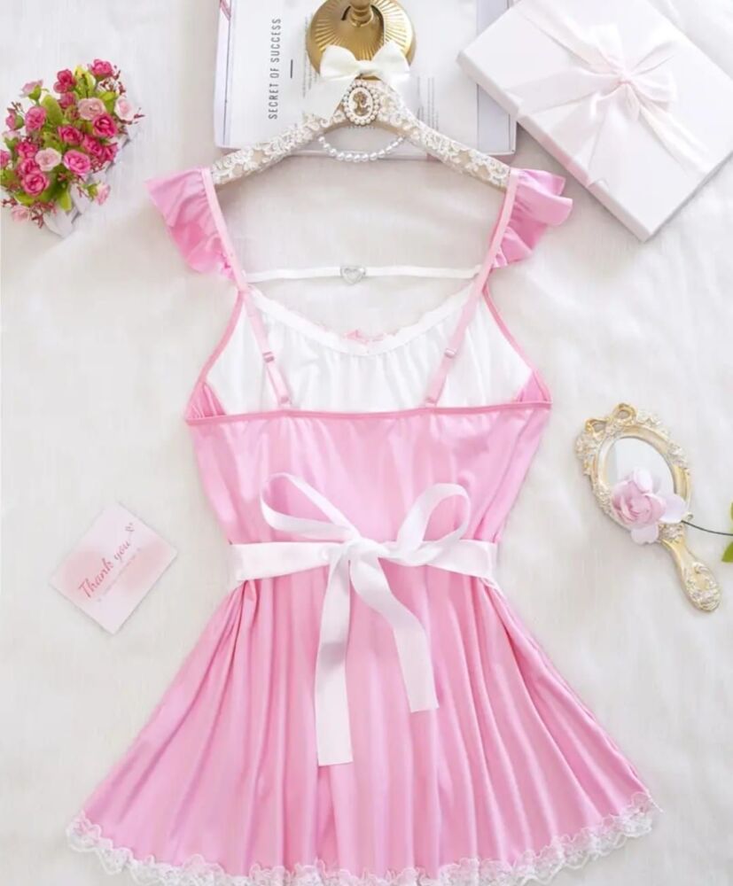 French Maid Costume cosplay Fancy Dress sexy sissy Pink roleplay size XL / 16-18