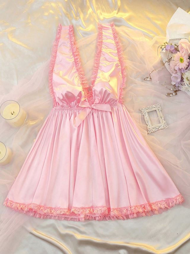 Silky feel luxury satin pink lingerie all in one romper ruffles nightdress lace trim V neck sissy size 3XL / UK 22