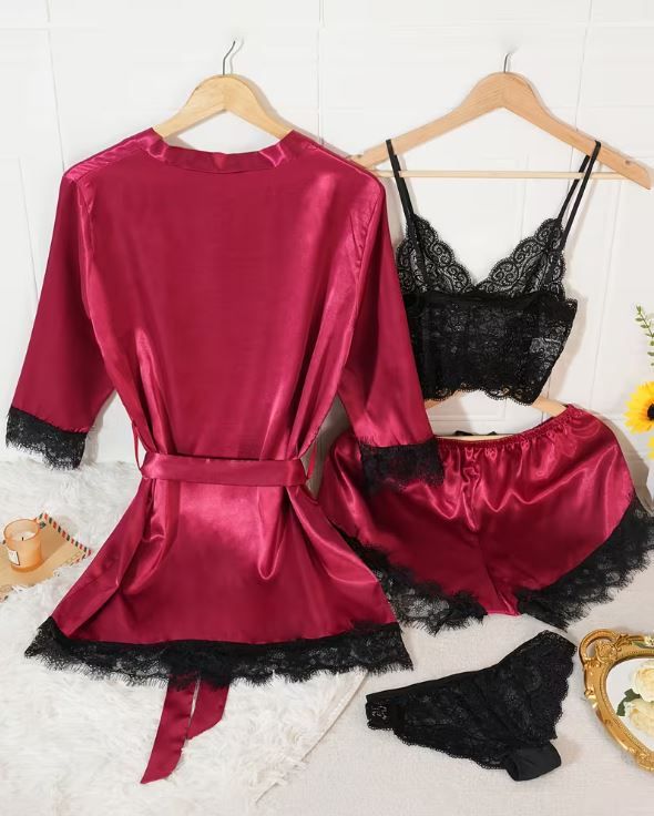 Silky feel deep red satin black lace trim 4 piece lingerie set size 18/20 (XXL)