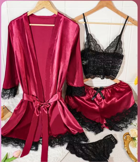 Silky feel deep red satin black lace trim 4 piece lingerie set size 8 / S