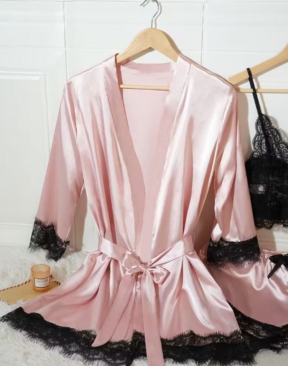 Silky feel baby pink satin black lace trim 4 piece lingerie set size 12-14 (L)