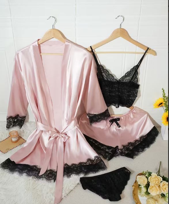 Silky feel baby pink satin black lace trim 4 piece lingerie set size 12-14 (L)
