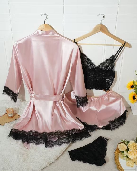 Silky feel baby pink satin black lace trim 4 piece lingerie set size 8 (S)
