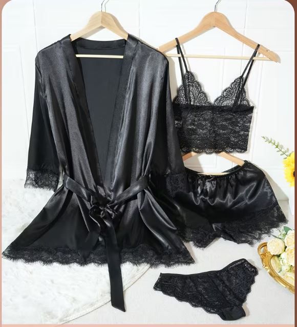Silky feel black satin black lace trim 4 piece lingerie set size 8 (S)