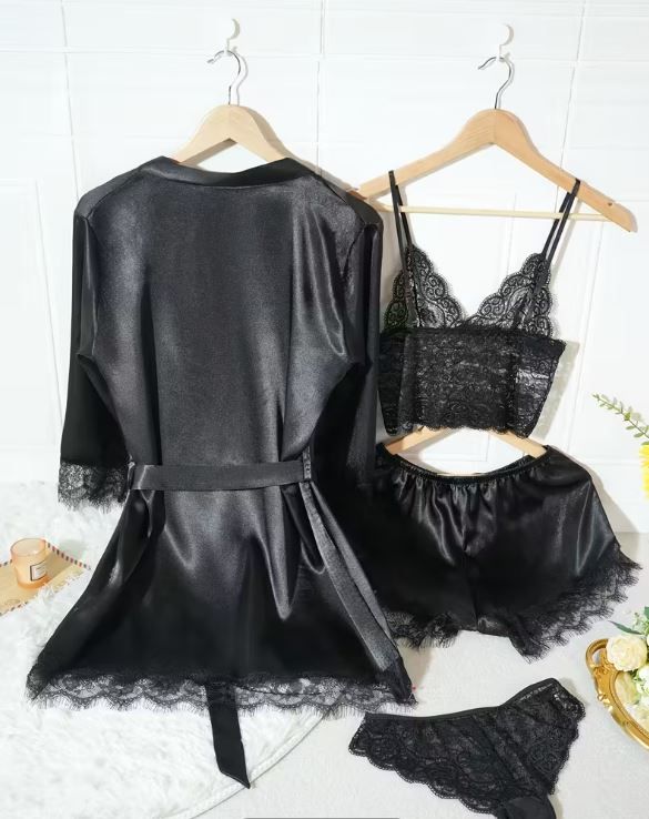 Silky feel black satin black lace trim 4 piece lingerie set size 16/18 (XL)