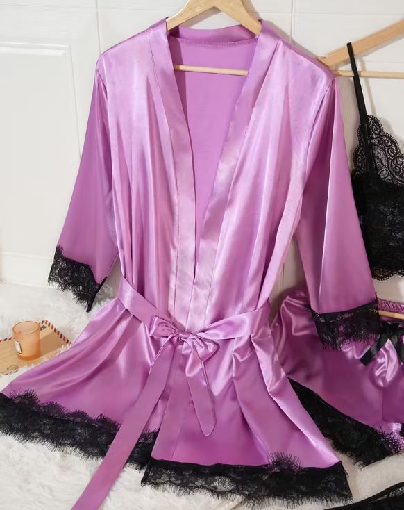 Silky feel purple satin black lace trim 4 piece lingerie set size 8 (S)