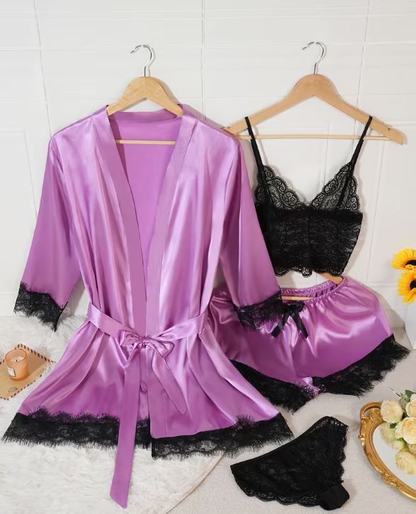 Silky feel purple satin black lace trim 4 piece lingerie set size 16-18 (XL)