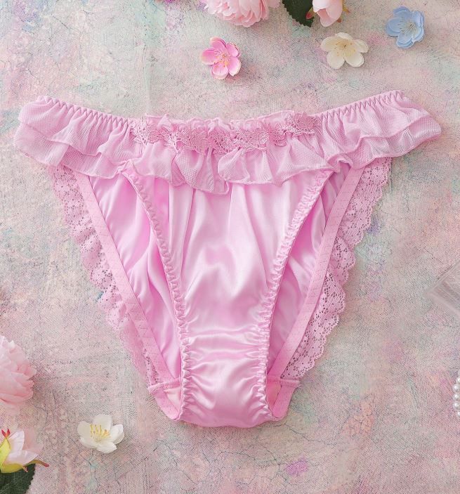 Silky Satin Frilly Tanga Knickers Briefs Panties pink mesh waistband lace trim size 12-14 / L