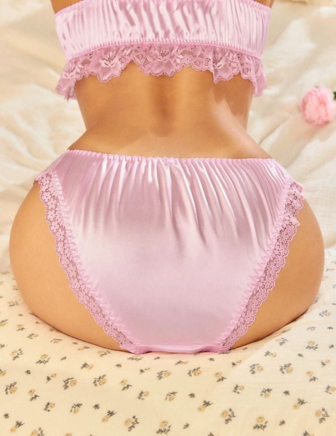 Silky Satin Frilly Tanga Knickers Briefs Panties pink mesh waistband lace trim size 12-14 / L
