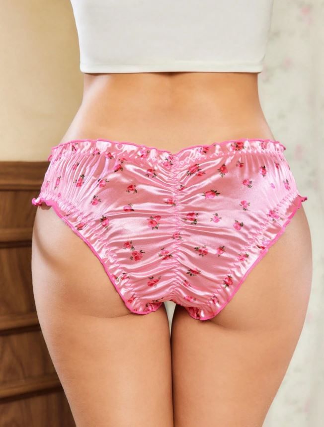 Silky feel Satin Floral Knickers Briefs Panties pink lettuce trim sissy size 16-18 / XL
