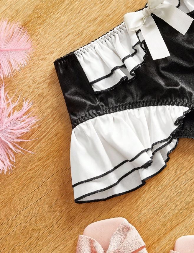 Silky feel Satin Frilly Knickers Briefs black Panties white ruffles  size 8 / S