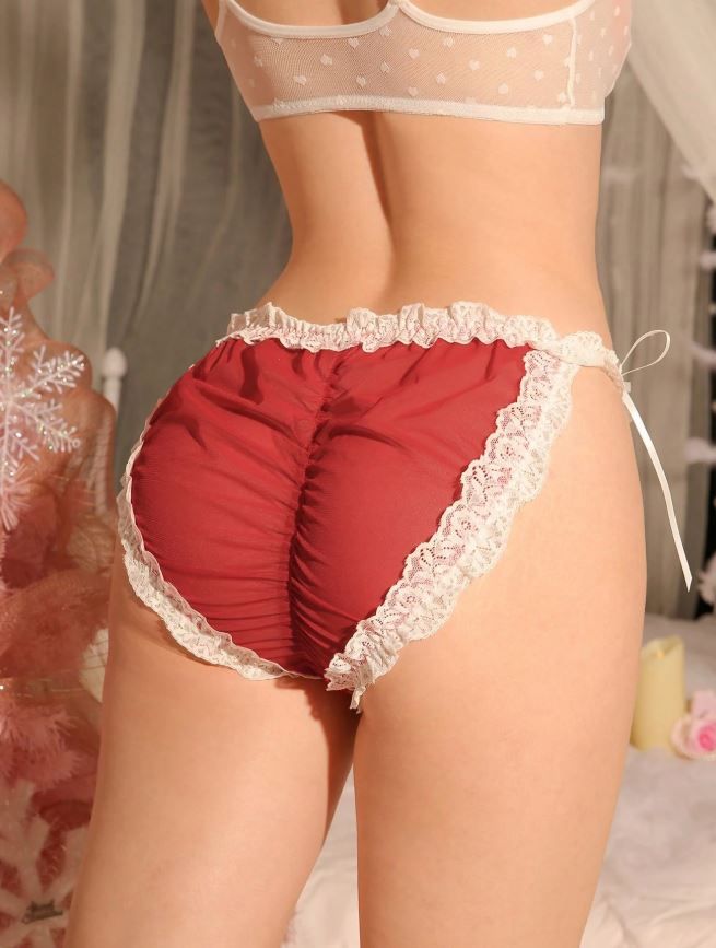 GlossGlam Semi-Sheer mesh panties tanga knickers Red frilly lace trim satin bows size XL / 16-18