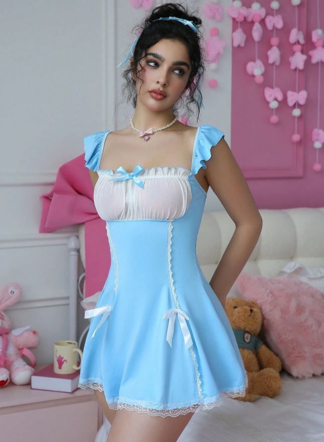 GlossGlam Silky feel soft blue lingerie nightie nightdress mesh bust area size 8 / S