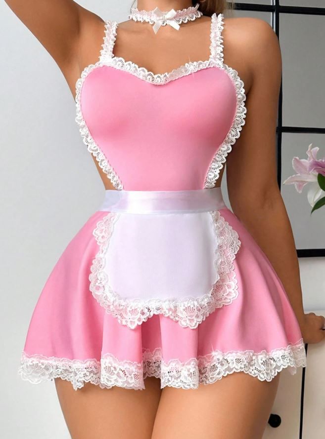 GlossGlam Silky feel soft pink fantasy maid lingerie nightie nightdress 3 piece size 8 / S