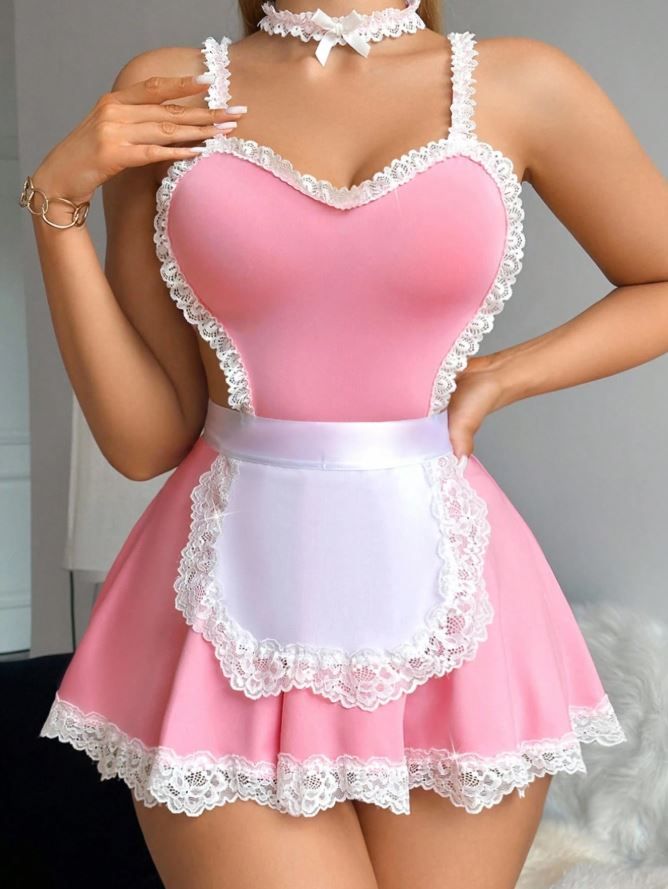 GlossGlam Silky feel soft pink fantasy maid lingerie nightie nightdress 3 piece size 16-18 / XL