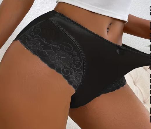 Silky feel Satin Knickers Briefs classic black Panties lace detail size 12-14 / L