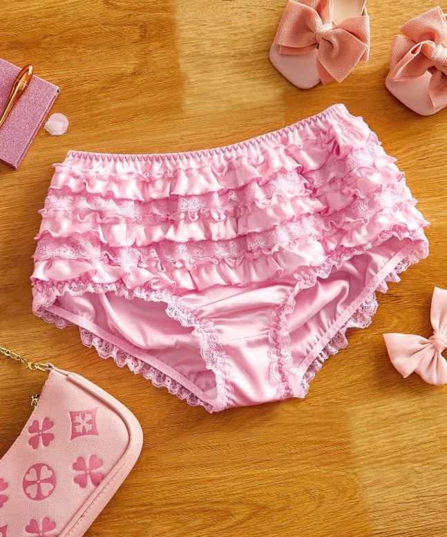 Silky feel Satin Frilly Knickers Briefs Panties pink lace trim size 16-18 / XL