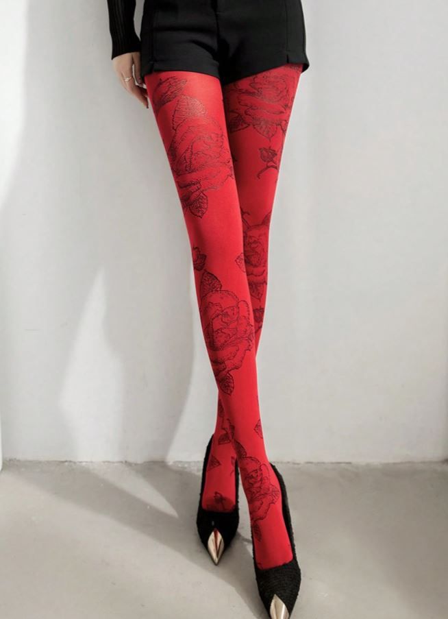 Sexy red tights black floral print one size fits S-M all seasons