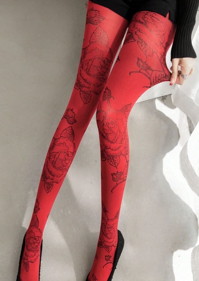 Sexy red tights black floral print one size fits S-M all seasons