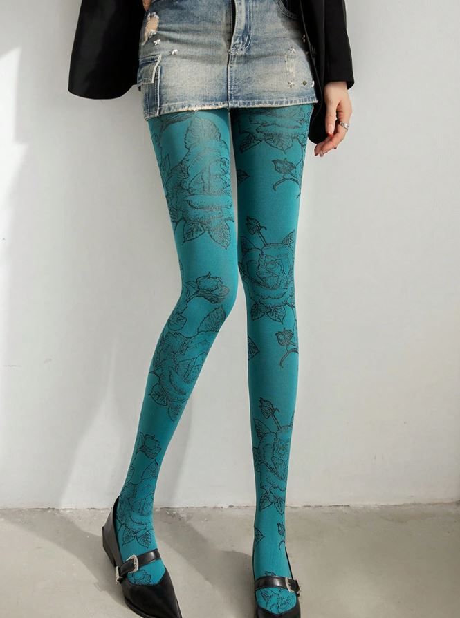 Sexy blue tights black floral print one size fits S-M all seasons