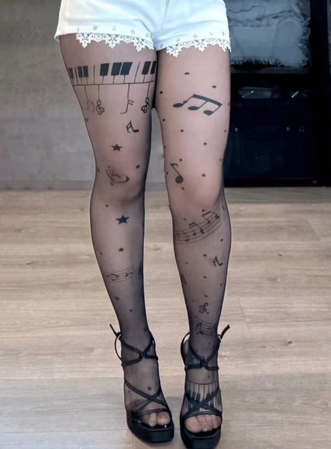 Ultra-Thin Black fake tattoo Piano Print Sexy tights Suitable For music lovers one size