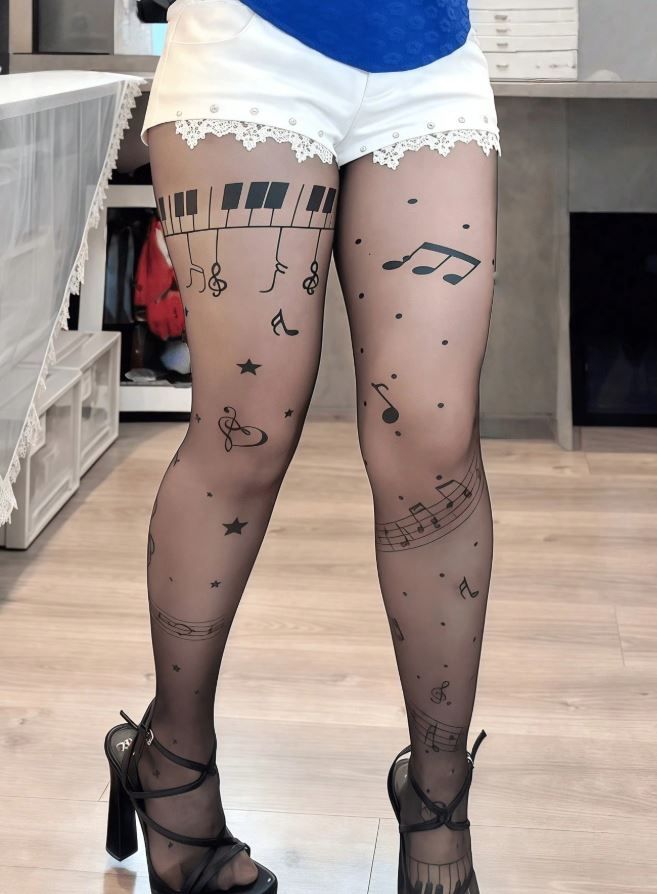 Ultra-Thin Black fake tattoo Piano Print Sexy tights Suitable For music lovers one size