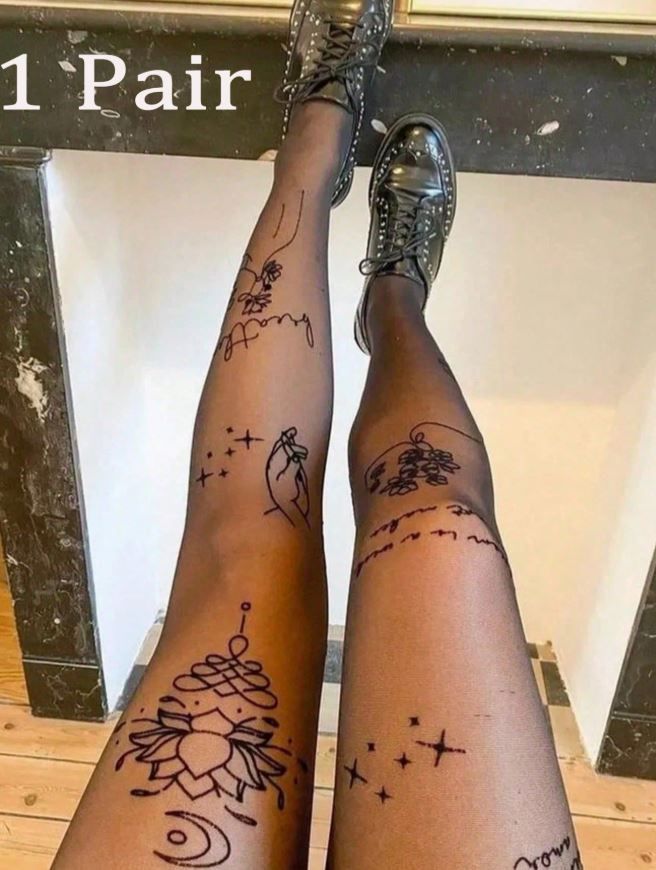 Ultra-Thin Black fake tattoo floral Print Sexy tights size L-XXL
