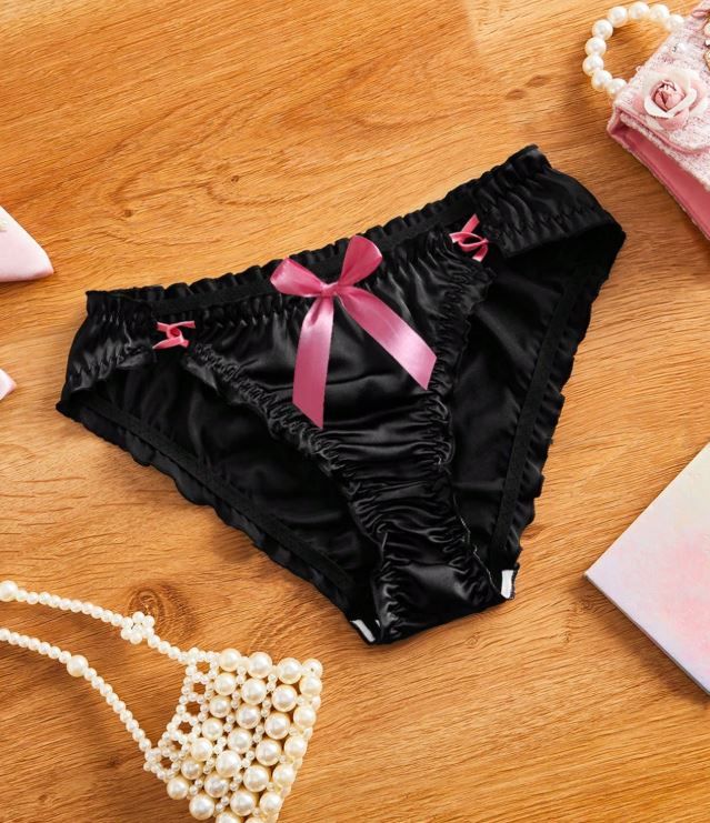 GlossGlam black soft silky feel satin panties knickers ruffles sissy pink bow and details size 8 (S)