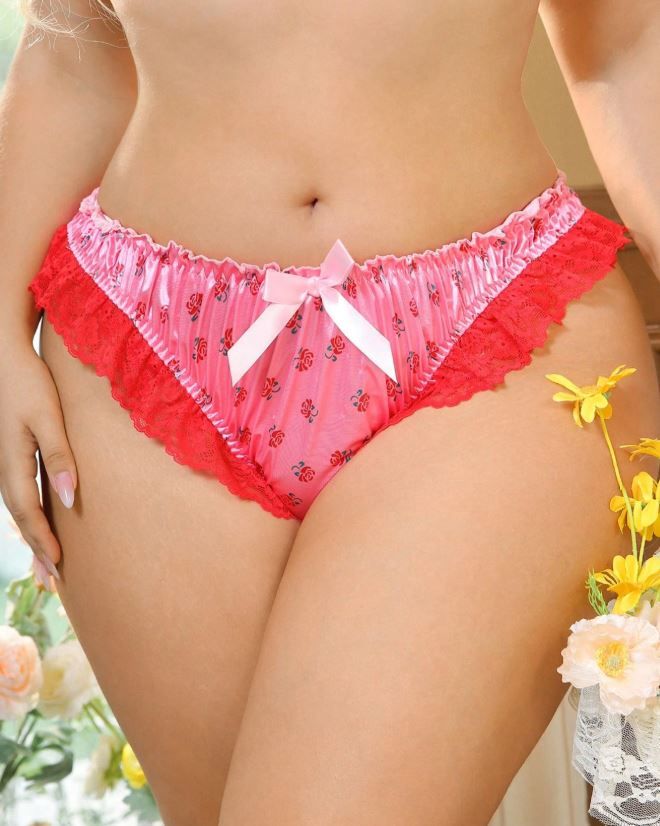 GlossGlam pink floral soft silky feel satin panties knickers ruffles sissy pink bows size 16-18 (XL)