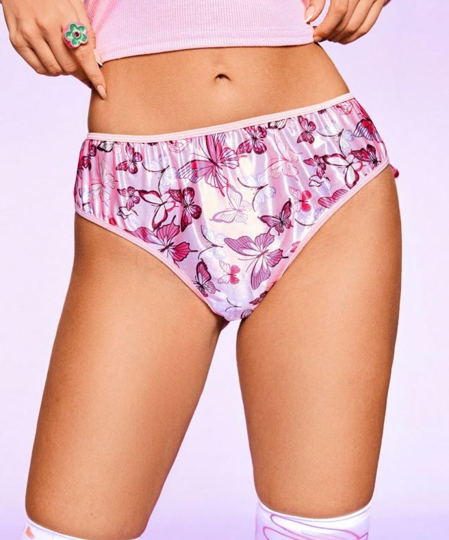 GlossGlam pink soft silky feel satin panties knickers ruffles sissy pink bow and butterflies print size 12-14 (L)