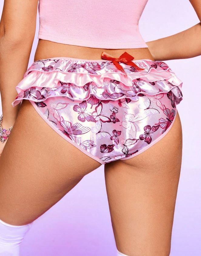 GlossGlam pink soft silky feel satin panties knickers ruffles sissy pink bow and butterflies print size 12-14 (L)