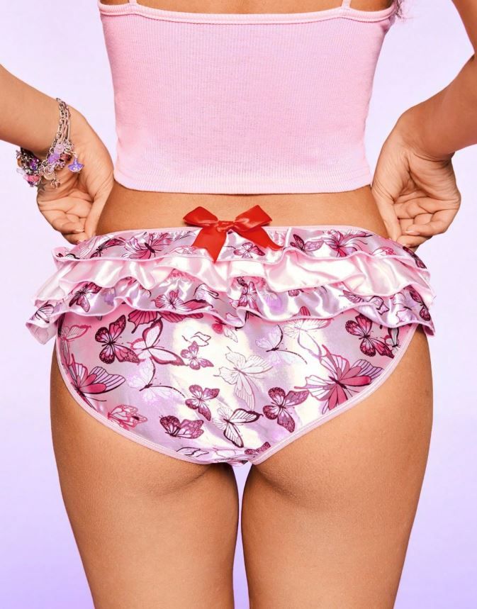GlossGlam pink soft silky feel satin panties knickers ruffles sissy pink bow and butterflies print size 16-18 (XL)