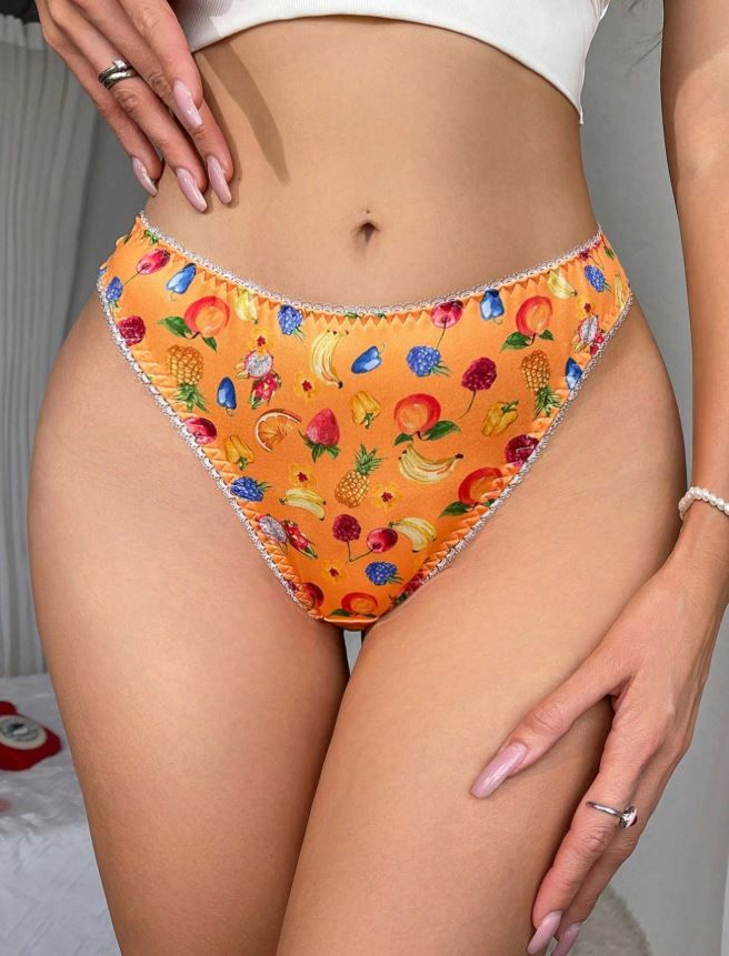 GlossGlam orange soft silky feel satin panties thongs tropical fruits print size 8 (S)