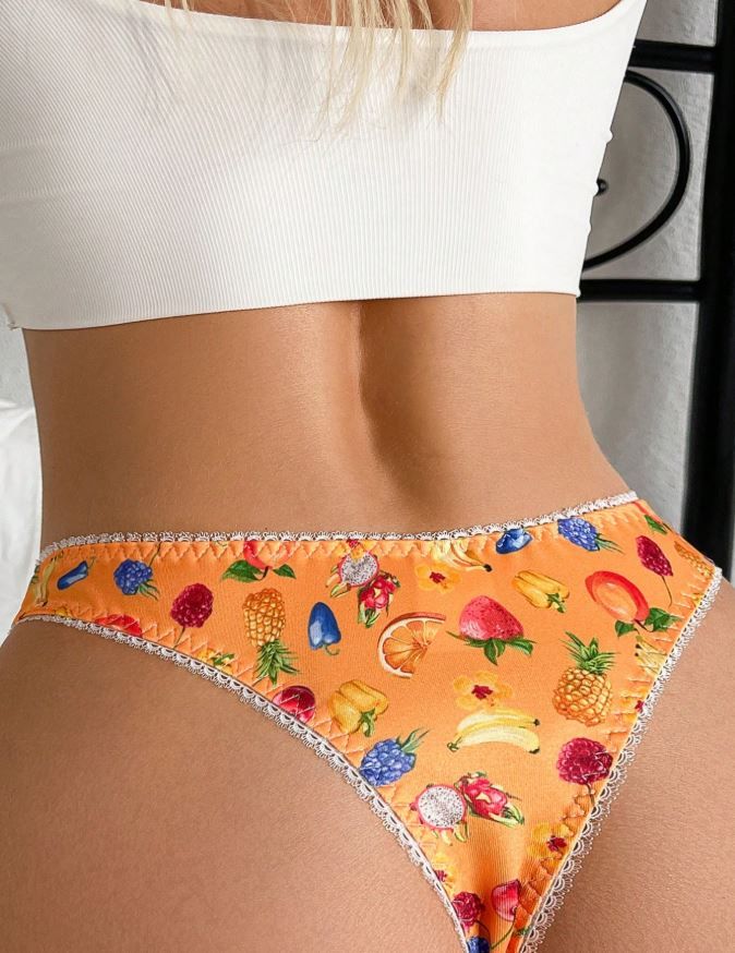 GlossGlam orange soft silky feel satin panties thongs tropical fruits print size 10 (M)