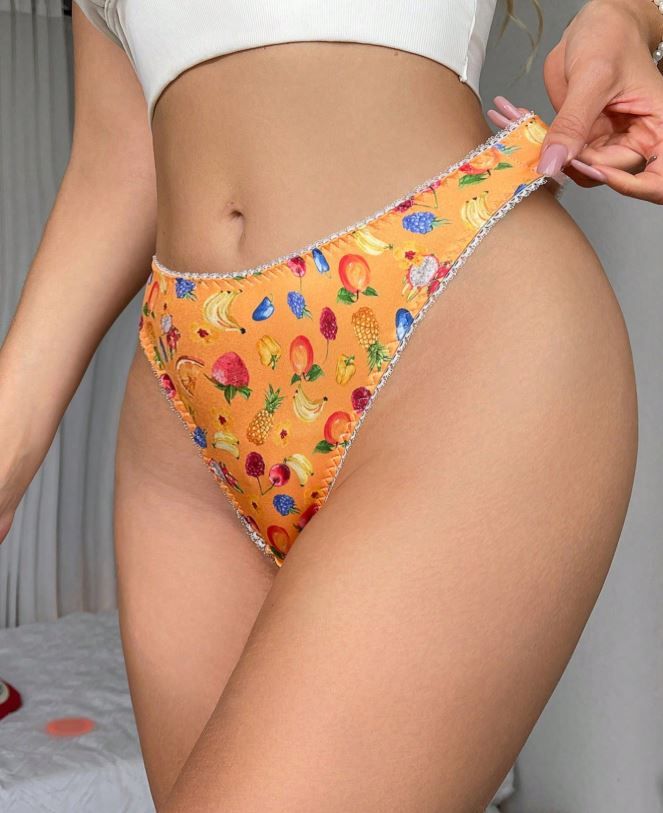 GlossGlam orange soft silky feel satin panties thongs tropical fruits print size 16-18 (XL)