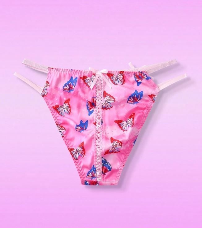 GlossGlam pink soft silky feel satin panties tangas butterflies print size 10 (M)