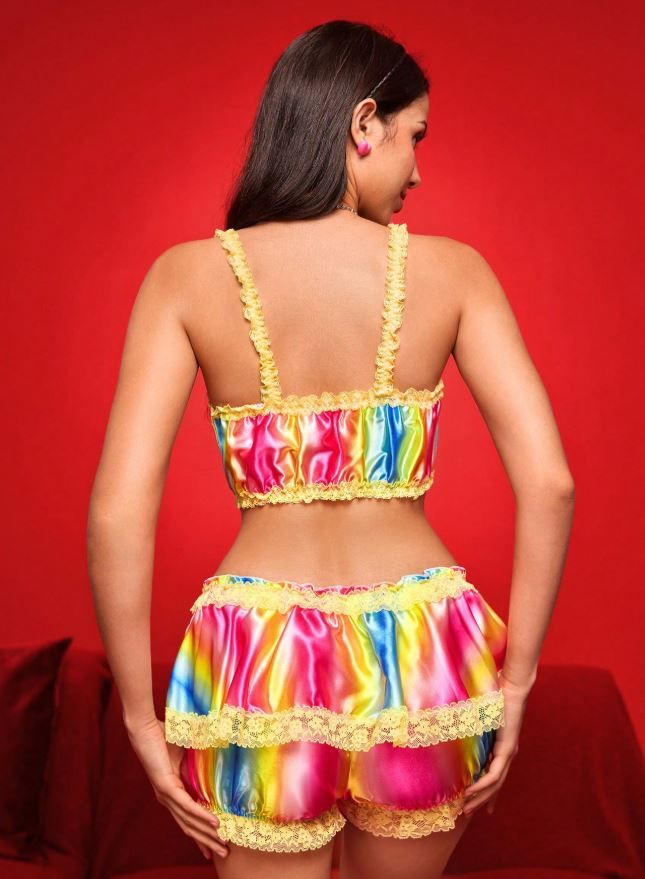 Rainbow Satin Lolita Lingerie Set with Lace Trim, 2 Piece Colourful Ruffle Bloomers and Bralette, size XL / UK 16-18