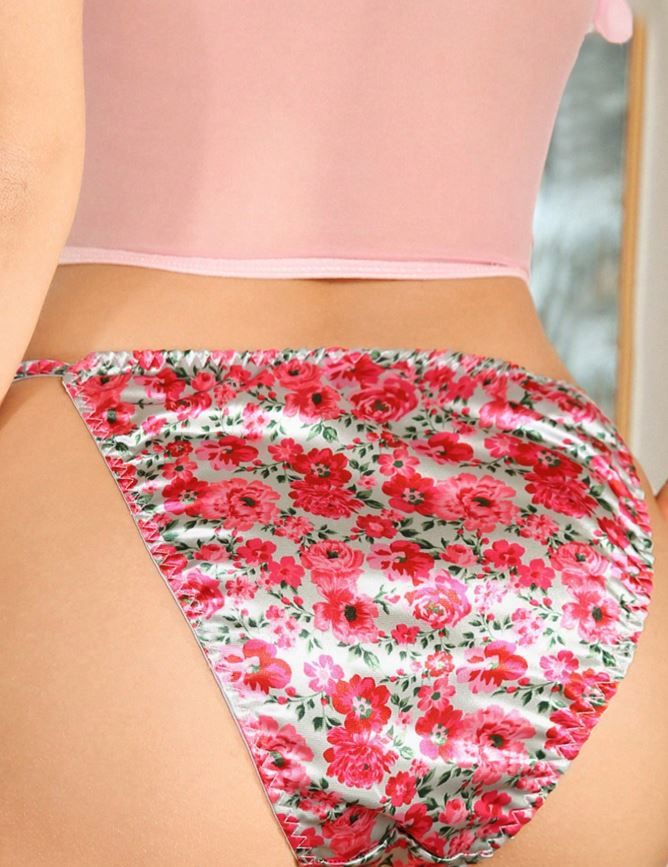Silky feel floral satin panties tangas stretchy sides full bum coverage size UK 10 / (M)