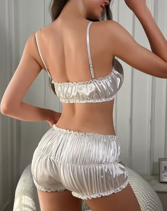 Satin Lingerie Set ruched detail 2 Piece white shorts/Bloomers and Bralette size M / UK 10