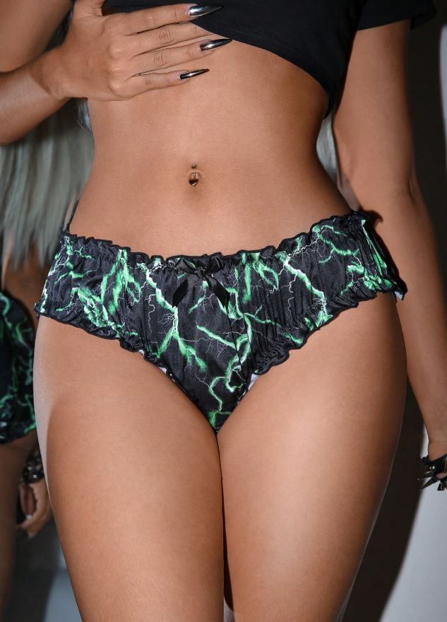 Silky Satin Feel Panties &ndash; Black & Green Lightning Design, Elastic Waist size UK 8 / (S)