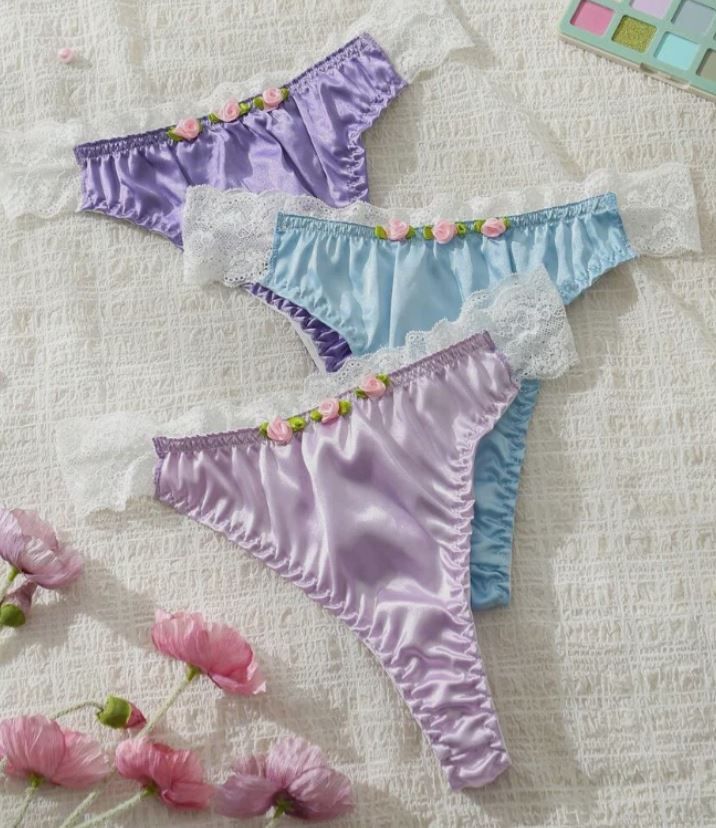 3 pack Women Satin Lace Panties Floral Trim thongs Soft Silky Briefs Underwear size UK 8 / (S)