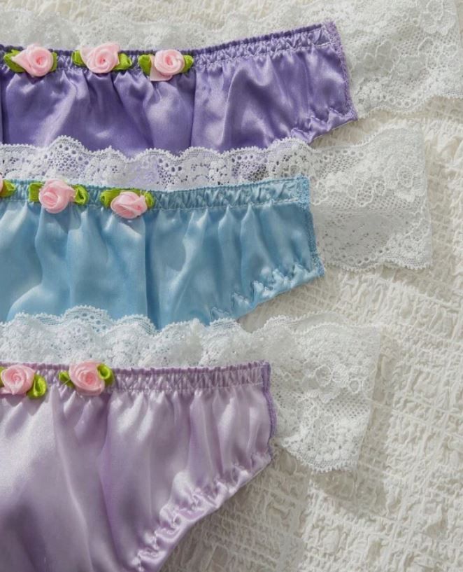 3 pack Women Satin Lace Panties Floral Trim thongs Soft Silky Briefs Underwear size UK 8 / (S)
