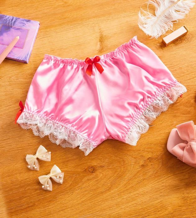 Women Pink Satin Lace Shorts Soft Silky Bow Trim Cute Sleepwear Lounge Pants size UK 8 / (S)