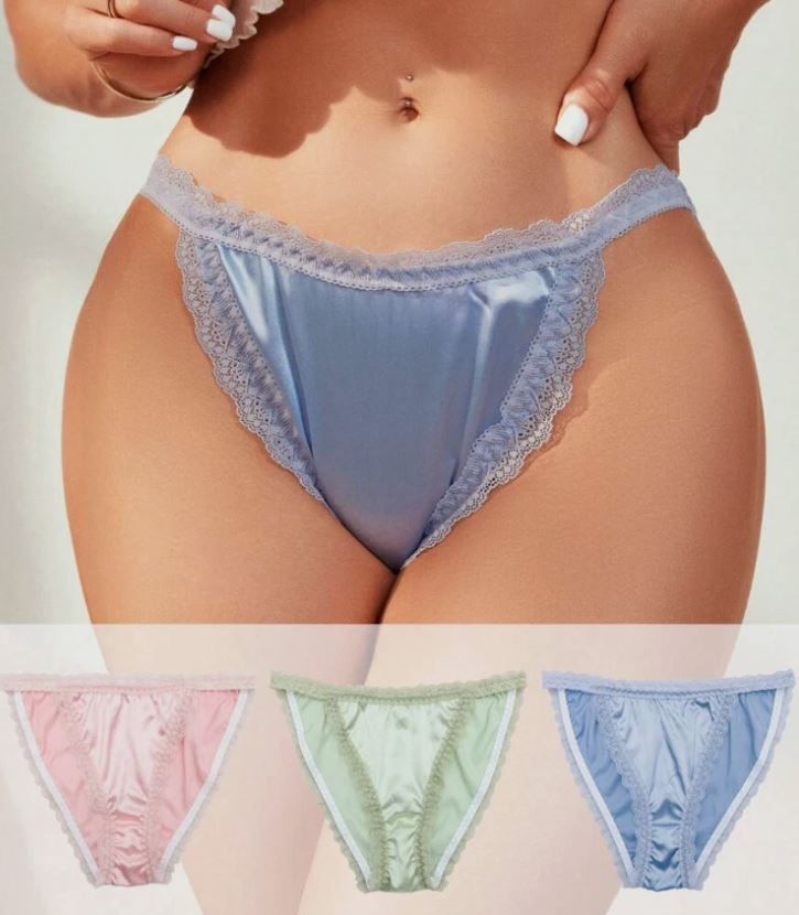 3-pack Women Satin Bikini Panties Lace Trim Soft Elastic Pastel Underwear Size L 12-14