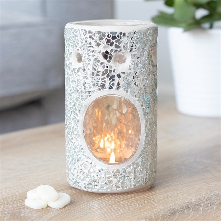 SILVER PILLAR CRACKLE GLASS OIL BURNER & WAX WARMER