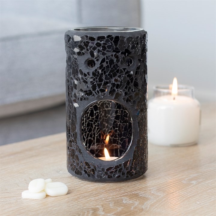 BLACK CRACKLE PILLAR OIL BURNER & WAX WARMER