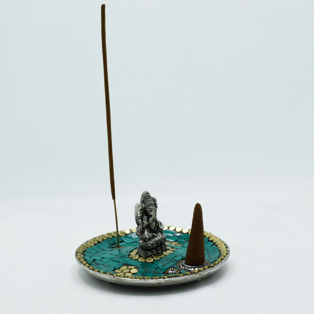 GANESHA PLATE TIBETAN DECOR CONE & STICK HOLDER